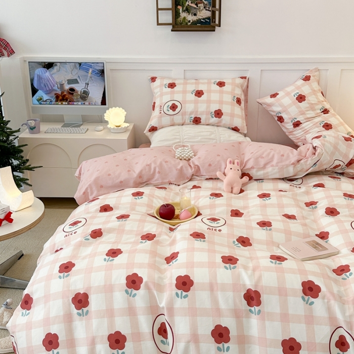 91家纺网 家纺一手货源 找家纺 昔可 2023春日新款全棉3 粉格红花