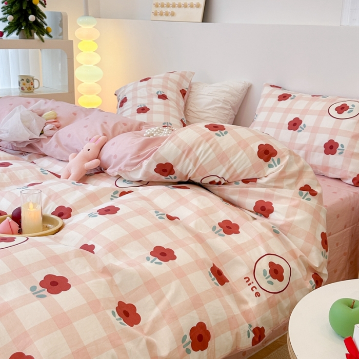 91家纺网 家纺一手货源 找家纺 昔可 2023春日新款全棉3 粉格红花