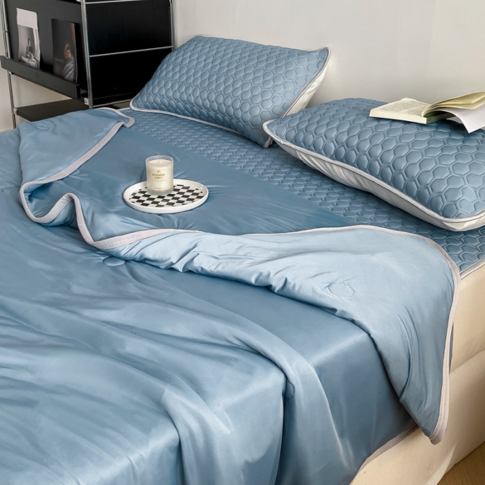 91家纺网 家纺一手货源 找家纺 欧邦 新款轻奢风纯色凉感丝乳胶凉席夏被四件套 藏蓝