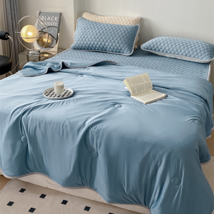 91家纺网 家纺一手货源 找家纺 欧邦 新款轻奢风纯色凉感丝乳胶凉席夏被四件套 藏蓝