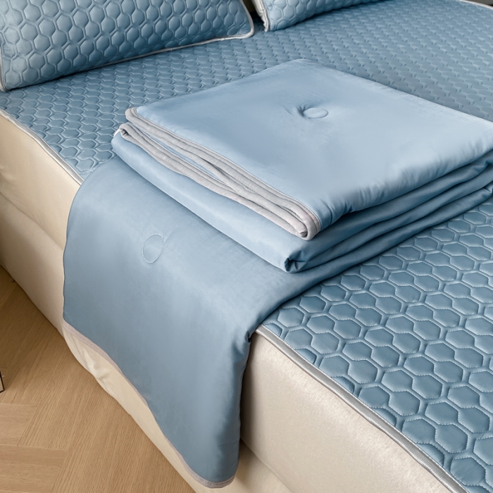 91家纺网 家纺一手货源 找家纺 欧邦 新款轻奢风纯色凉感丝乳胶凉席夏被四件套 藏蓝