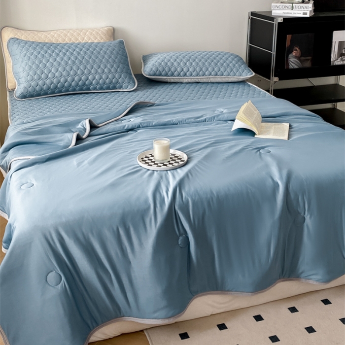 91家纺网 家纺一手货源 找家纺 欧邦 新款轻奢风纯色凉感丝乳胶凉席夏被四件套 藏蓝