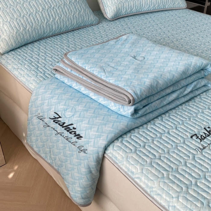 91家纺网 家纺一手货源 找家纺 欧邦 新款轻奢风纯色凉感丝乳胶凉席夏被四件套 银河-蓝