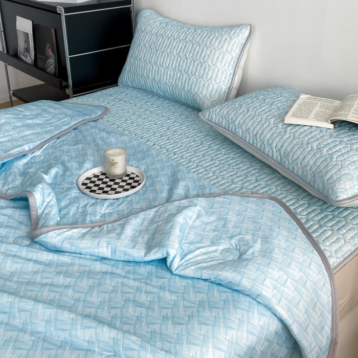 91家纺网 家纺一手货源 找家纺 欧邦 新款轻奢风纯色凉感丝乳胶凉席夏被四件套 银河-蓝