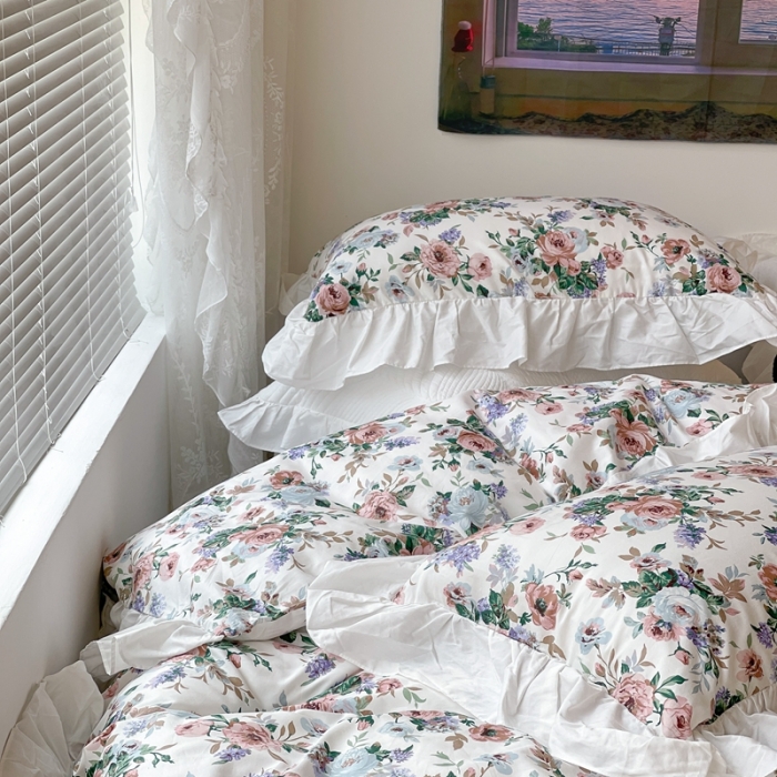 91家纺网 家纺一手货源 找家纺 昔可 2023新款法式复古系列花边款 复古玫瑰白边