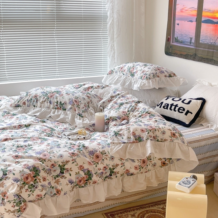 91家纺网 家纺一手货源 找家纺 昔可 2023新款法式复古系列花边款 复古玫瑰白边