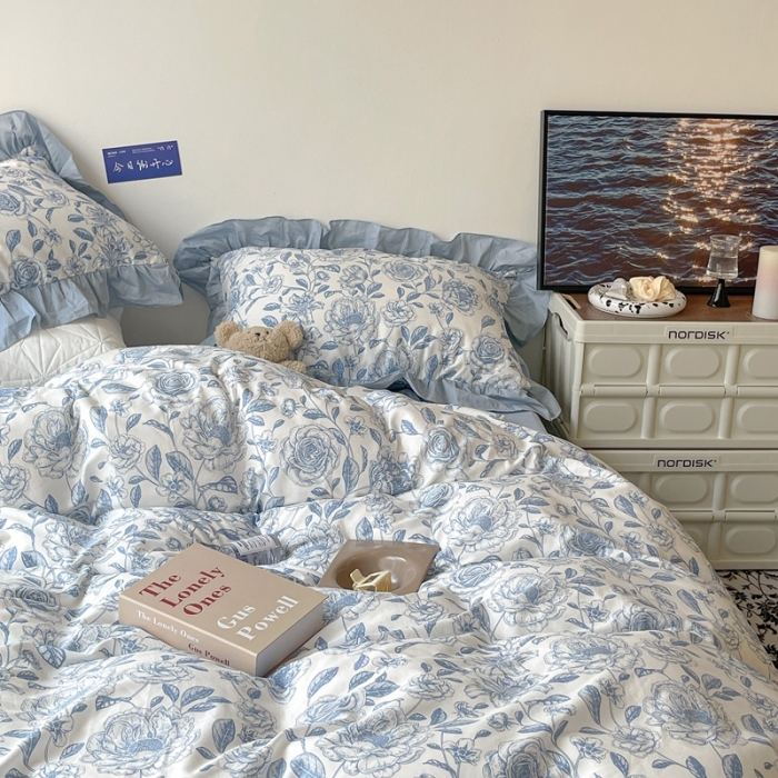 91家纺网 家纺一手货源 找家纺 昔可 2023新款法式复古系列花边款 手绘山茶 蓝