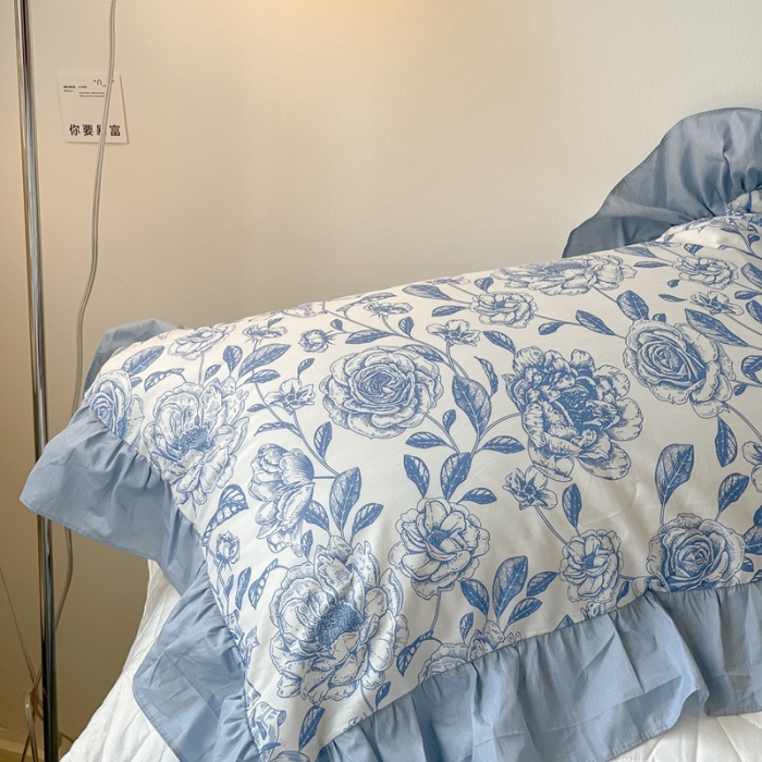 91家纺网 家纺一手货源 找家纺 昔可 2023新款法式复古系列花边款 手绘山茶 蓝