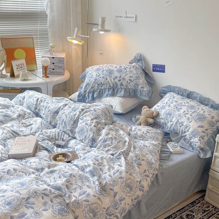 91家纺网 家纺一手货源 找家纺 昔可 2023新款法式复古系列花边款 手绘山茶 蓝