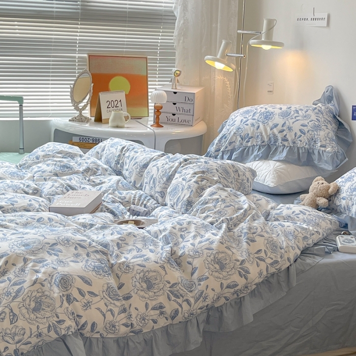 91家纺网 家纺一手货源 找家纺 昔可 2023新款法式复古系列花边款 手绘山茶 蓝