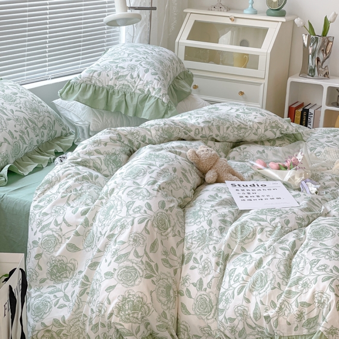 91家纺网 家纺一手货源 找家纺 昔可 2023新款法式复古系列花边款 手绘山茶 绿