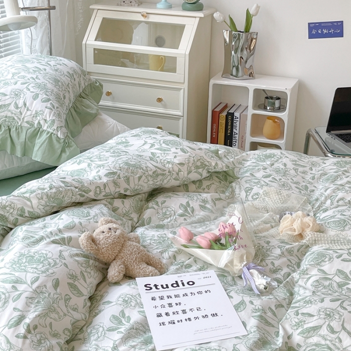 91家纺网 家纺一手货源 找家纺 昔可 2023新款法式复古系列花边款 手绘山茶 绿