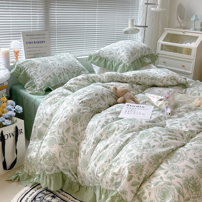 91家纺网 家纺一手货源 找家纺 昔可 2023新款法式复古系列花边款 手绘山茶 绿