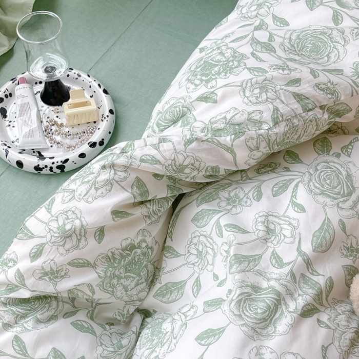 91家纺网 家纺一手货源 找家纺 昔可 2023新款法式复古系列花边款 手绘山茶 绿