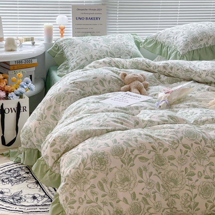 91家纺网 家纺一手货源 找家纺 昔可 2023新款法式复古系列花边款 手绘山茶 绿