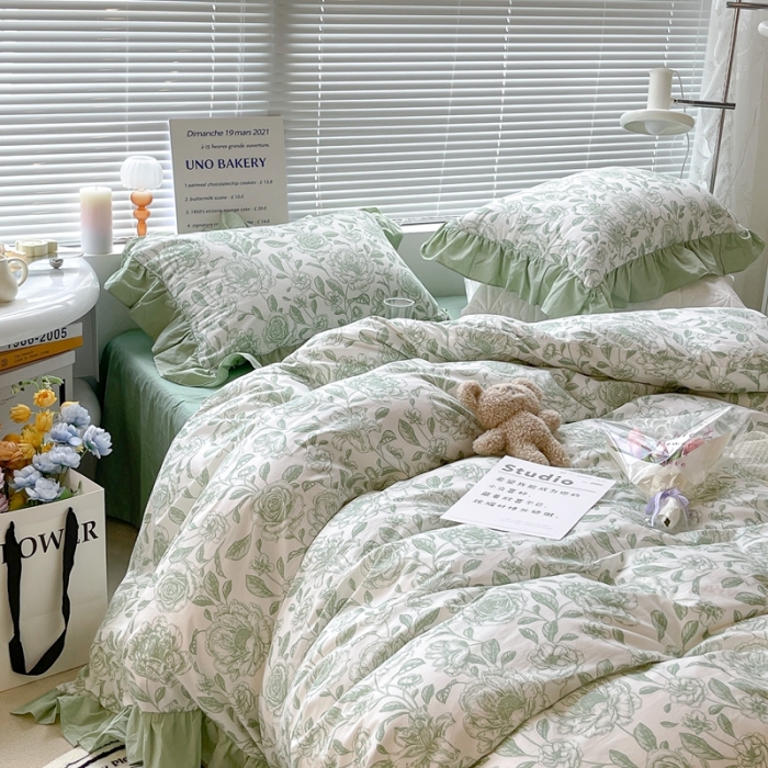 91家纺网 家纺一手货源 找家纺 昔可 2023新款法式复古系列花边款 手绘山茶 绿