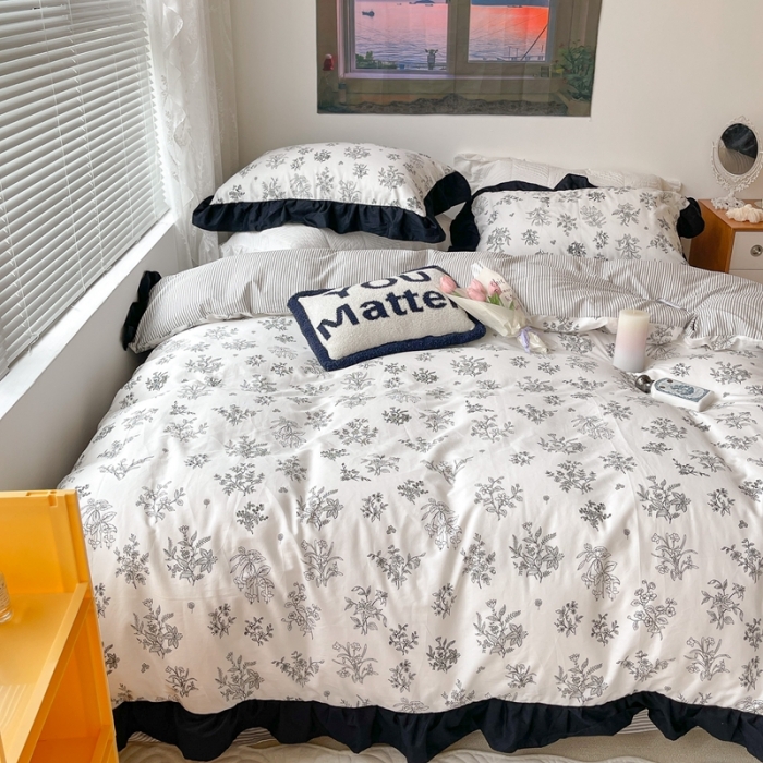 91家纺网 家纺一手货源 找家纺 昔可 2023新款法式复古系列花边款 素描水墨花