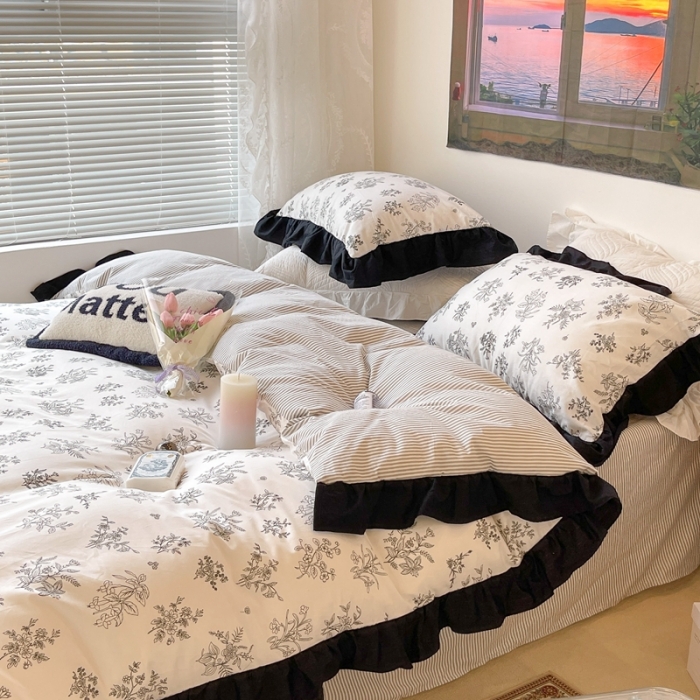 91家纺网 家纺一手货源 找家纺 昔可 2023新款法式复古系列花边款 素描水墨花