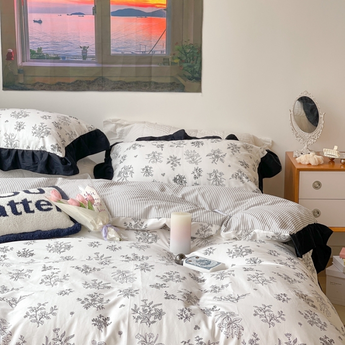 91家纺网 家纺一手货源 找家纺 昔可 2023新款法式复古系列花边款 素描水墨花