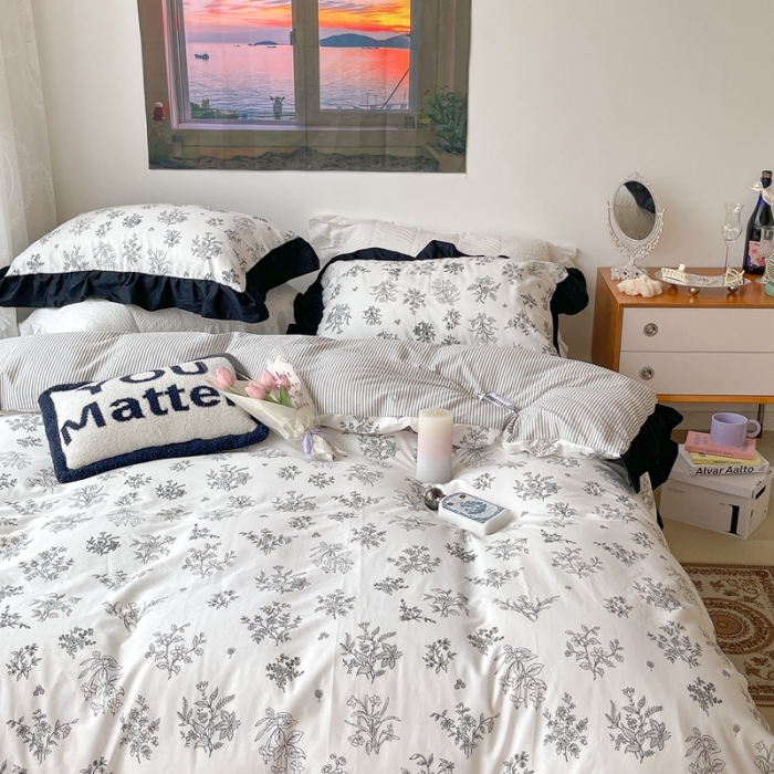 91家纺网 家纺一手货源 找家纺 昔可 2023新款法式复古系列花边款 素描水墨花