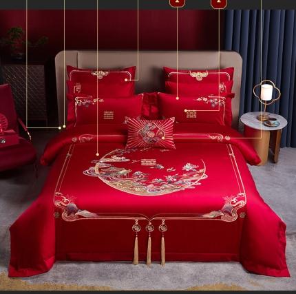 91家纺网 家纺一手货源 找家纺 美娘阁2023新款长绒棉刺绣提花婚庆多件套 百子迎喜  提花