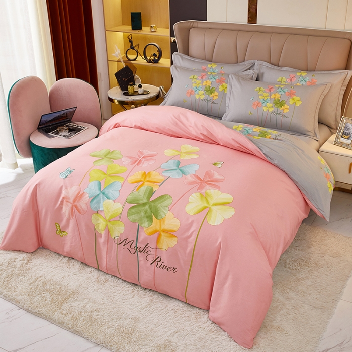 91家纺网 家纺一手货源 找家纺 雲归梦2023新款13372全棉活性大版印花简约居家四件套 风动玲心粉