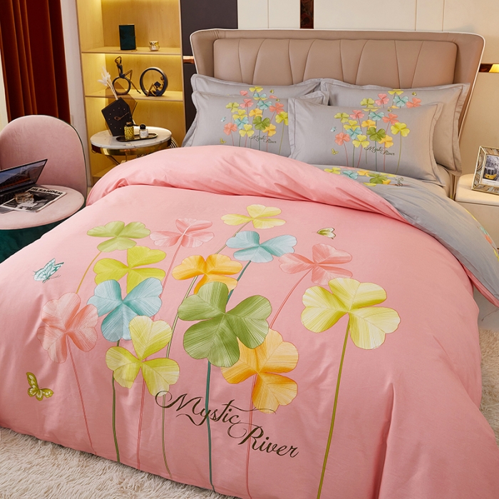 91家纺网 家纺一手货源 找家纺 雲归梦2023新款13372全棉活性大版印花简约居家四件套 风动玲心粉