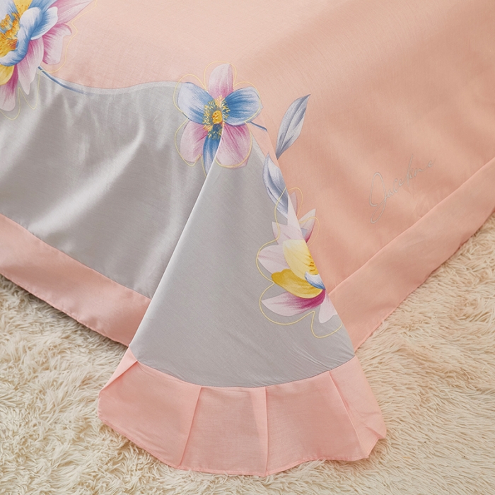 91家纺网 家纺一手货源 找家纺 雲归梦2023新款13372全棉活性大版印花简约居家四件套 风吟花期粉