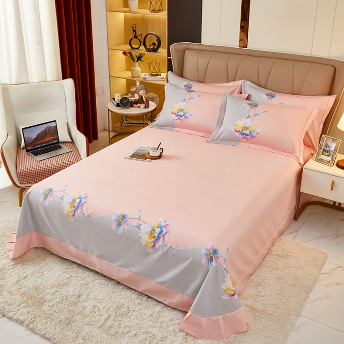 91家纺网 家纺一手货源 找家纺 雲归梦2023新款13372全棉活性大版印花简约居家四件套 风吟花期粉