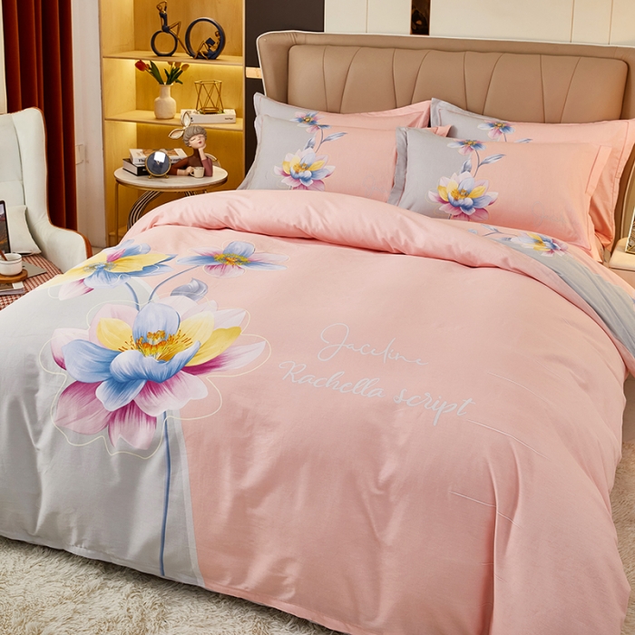 91家纺网 家纺一手货源 找家纺 雲归梦2023新款13372全棉活性大版印花简约居家四件套 风吟花期粉