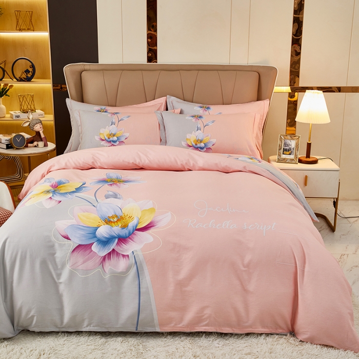 91家纺网 家纺一手货源 找家纺 雲归梦2023新款13372全棉活性大版印花简约居家四件套 风吟花期粉