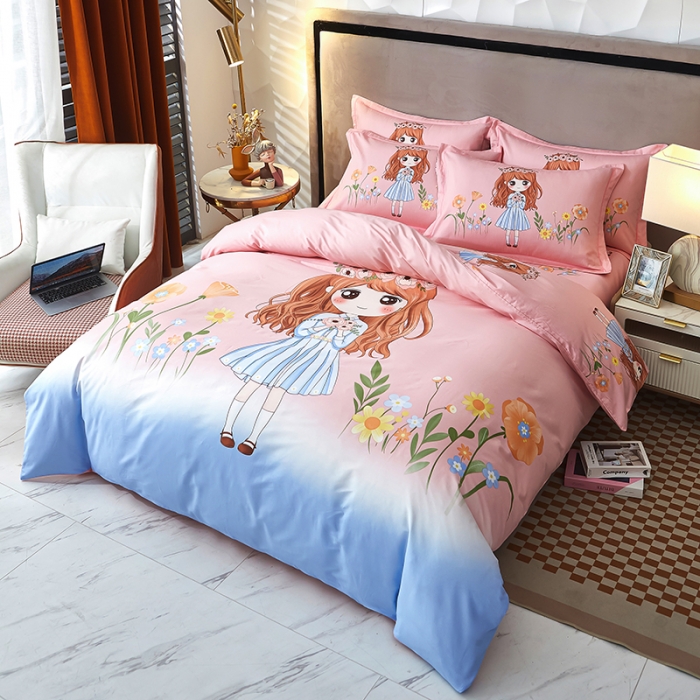 91家纺网 家纺一手货源 找家纺 雲归梦2023新款13372全棉活性大版印花简约居家四件套 甜美女孩