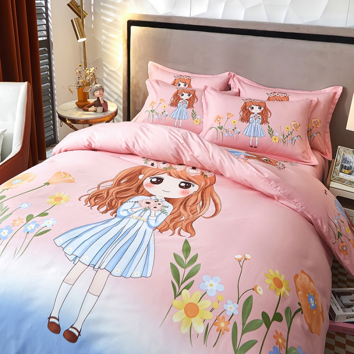 91家纺网 家纺一手货源 找家纺 雲归梦2023新款13372全棉活性大版印花简约居家四件套 甜美女孩