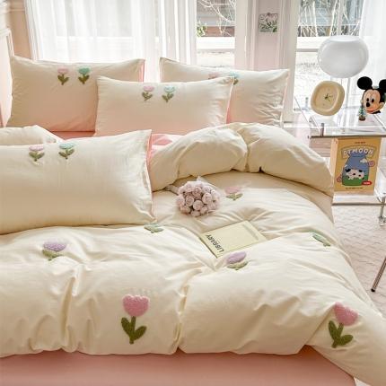 91家纺网 家纺一手货源 找家纺 锦觅2024新款都市小清新ins全棉纯棉水洗棉毛巾绣四件套 郁金香