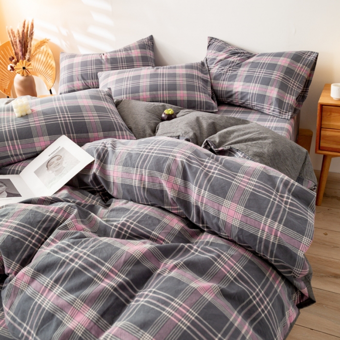 91家纺网 家纺一手货源 找家纺 九沐良品 新款A类色织水洗棉四件套单被套 灰粉格