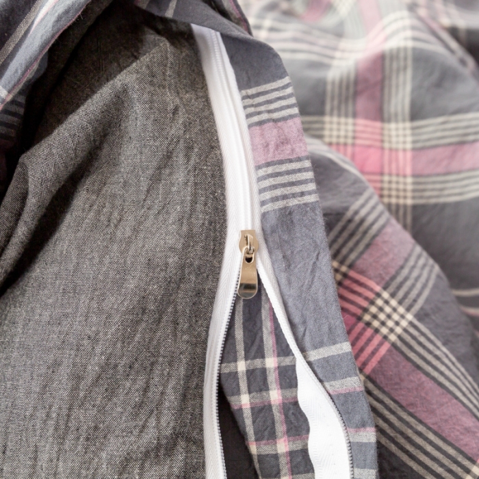 91家纺网 家纺一手货源 找家纺 九沐良品 新款A类色织水洗棉四件套单被套 灰粉格