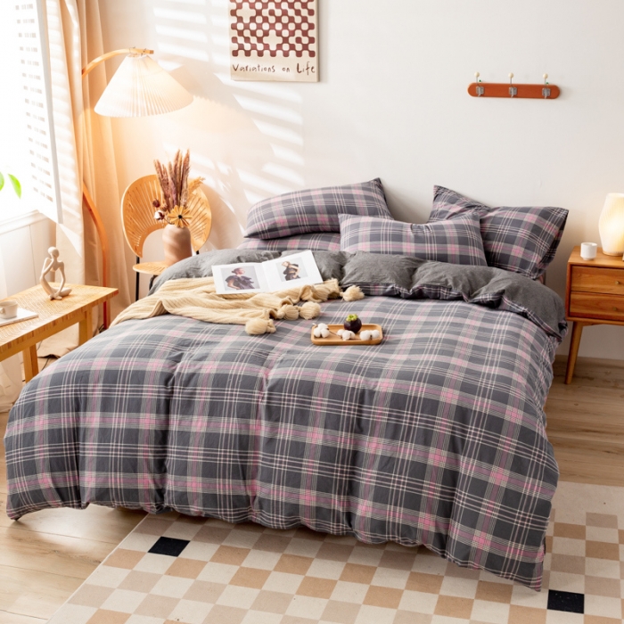 91家纺网 家纺一手货源 找家纺 九沐良品 新款A类色织水洗棉四件套单被套 灰粉格