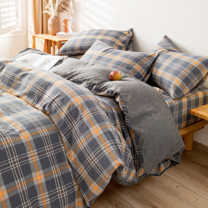 91家纺网 家纺一手货源 找家纺 九沐良品 新款A类色织水洗棉四件套单被套 灰桔格