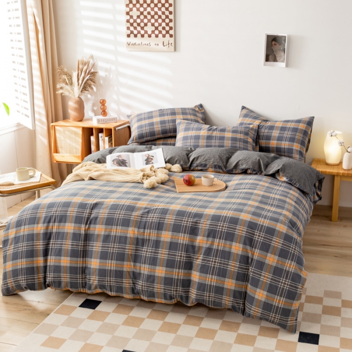 91家纺网 家纺一手货源 找家纺 九沐良品 新款A类色织水洗棉四件套单被套 灰桔格