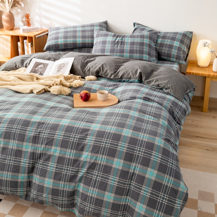 91家纺网 家纺一手货源 找家纺 九沐良品 新款A类色织水洗棉四件套单被套 灰绿格