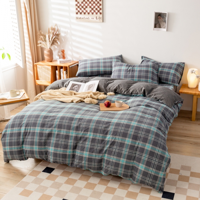 91家纺网 家纺一手货源 找家纺 九沐良品 新款A类色织水洗棉四件套单被套 灰绿格