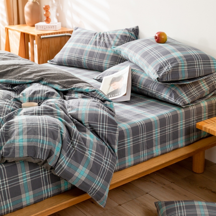 91家纺网 家纺一手货源 找家纺 九沐良品 新款A类色织水洗棉四件套单被套 灰绿格