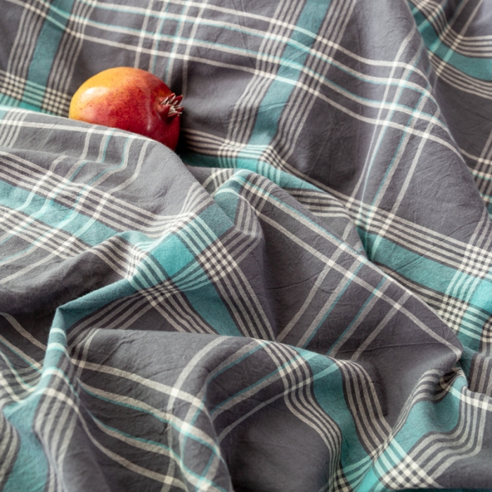 91家纺网 家纺一手货源 找家纺 九沐良品 新款A类色织水洗棉四件套单被套 灰绿格