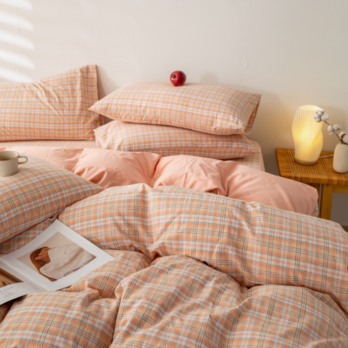 91家纺网 家纺一手货源 找家纺 九沐良品 新款A类色织水洗棉四件套单被套 凯利桔