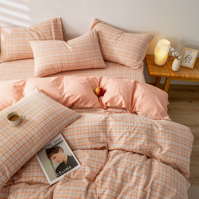 91家纺网 家纺一手货源 找家纺 九沐良品 新款A类色织水洗棉四件套单被套 凯利桔