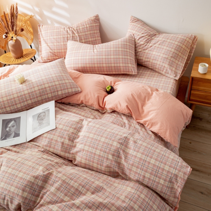 91家纺网 家纺一手货源 找家纺 九沐良品 新款A类色织水洗棉四件套单被套 凯利咖