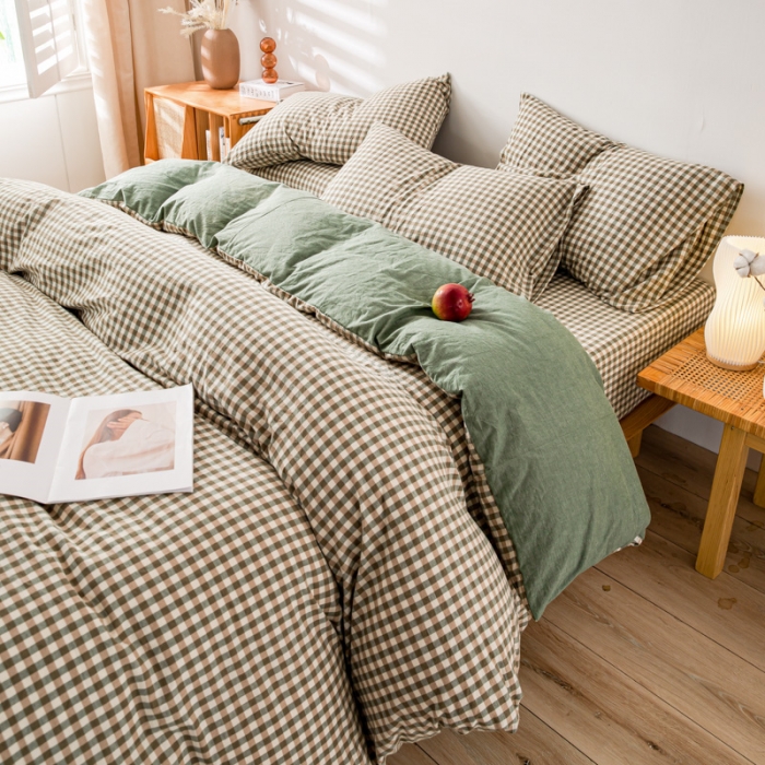 91家纺网 家纺一手货源 找家纺 九沐良品 新款A类色织水洗棉四件套单被套 绿小格