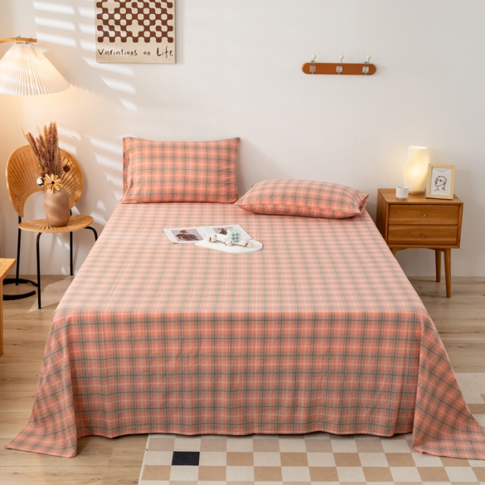 91家纺网 家纺一手货源 找家纺 九沐良品 新款A类色织水洗棉床单 芳华粉