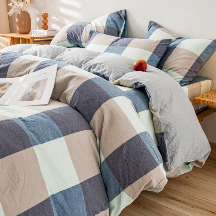 91家纺网 家纺一手货源 找家纺 九沐良品 新款A类色织水洗棉四件套单被套 米棕丈青格