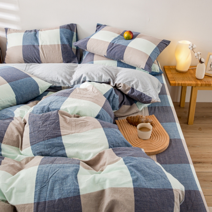 91家纺网 家纺一手货源 找家纺 九沐良品 新款A类色织水洗棉四件套单被套 米棕丈青格